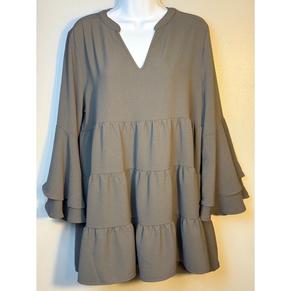 Zenana Gray Tiered Babydoll Tunic Dress Bell Sleeve Size Large